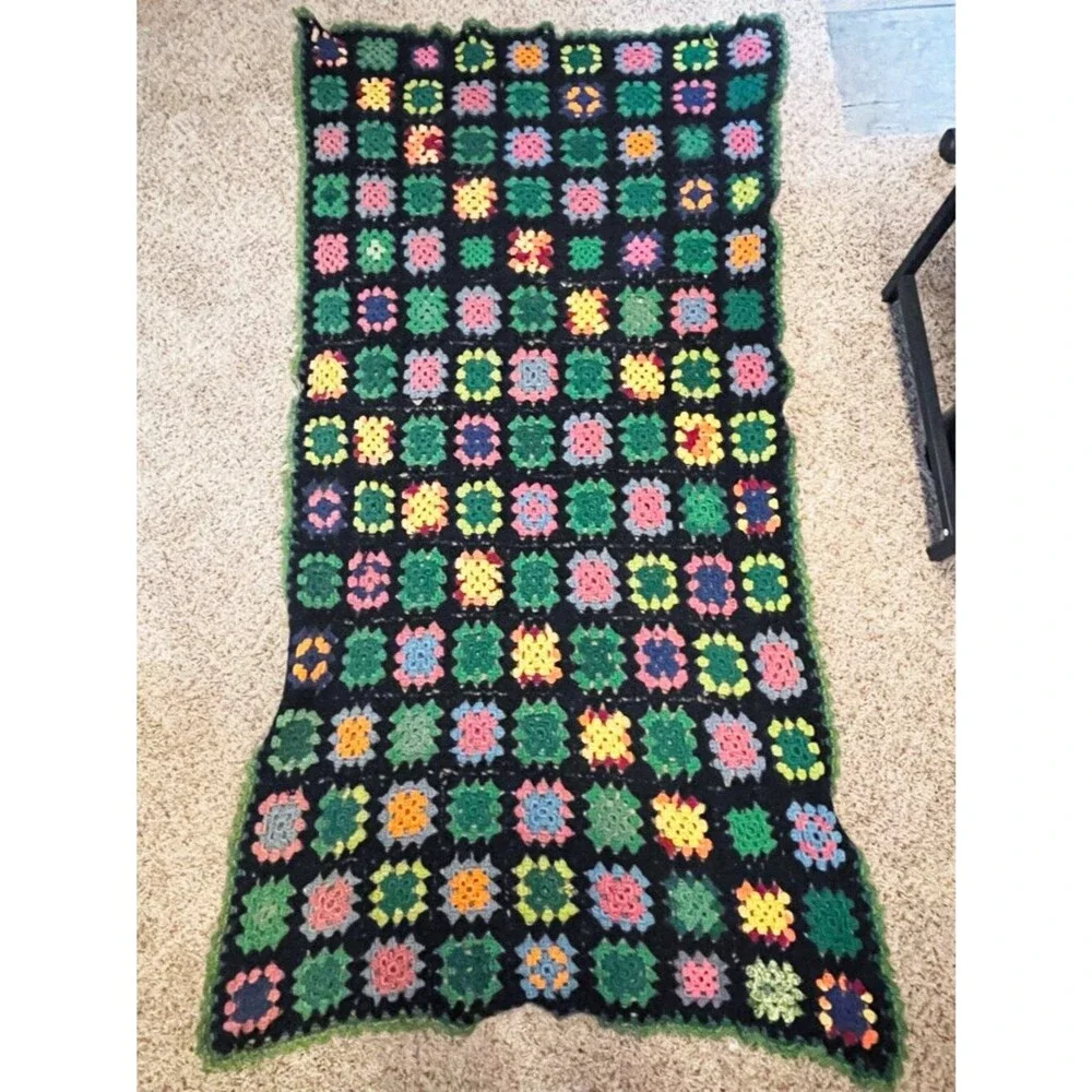 Handmade Crochet Granny Square Afghan Throw Blanket Black Multicolor Vintage
